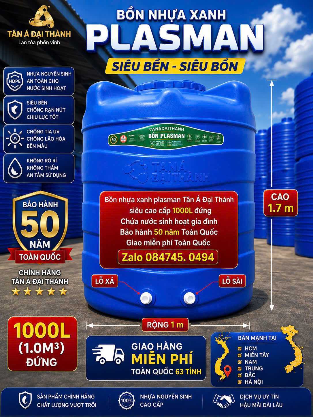 Bình nhựa 1 khối 1m3 đứng xanh dương xanh lá siêu bền 6 lớp cao cấp plasman (1m3 đứng) 1000L đứng siêu dẻo dai bảo hành 50 năm giao miễn phí Toàn Quốc